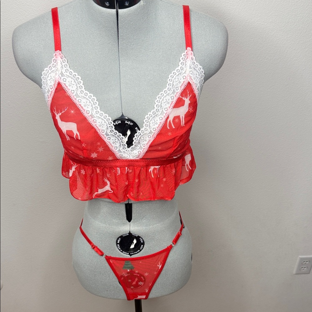 Red Reindeer Lace Lingerie Set 2 PC Bralette Thong NWOT